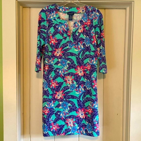 Caribbean Joe 3/4 Sleeve V Neck Signature Tropical Purple Aqua Dress SMALL - Picture 1 of 7